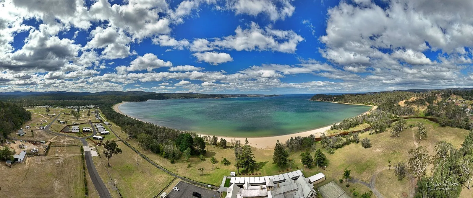 A 180 degree panorama from above the Seahorse Inn, looking over Boydtown to Twofold Bay